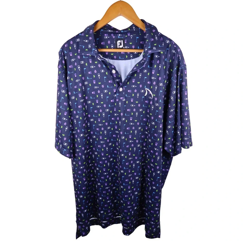 FootJoy Mens XL Golf Polo Shirt Navy Wine Novelty Print ProDry Lisle Stretch